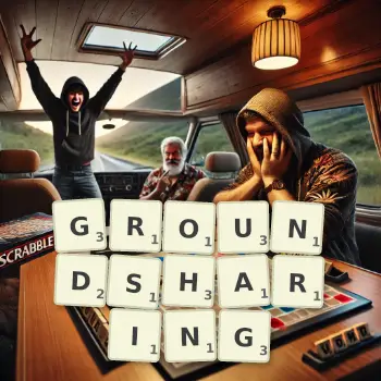 Creative illustration for a Scrabble game with the word GROUNDSHARING spelled out in tiles on the board.