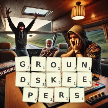 Creative illustration for a Scrabble game with the word GROUNDSKEEPERS spelled out in tiles on the board.
