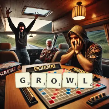 Creative illustration for a Scrabble game with the word GROWL spelled out in tiles on the board.
