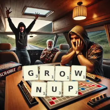 Creative illustration for a Scrabble game with the word GROWNUP spelled out in tiles on the board.