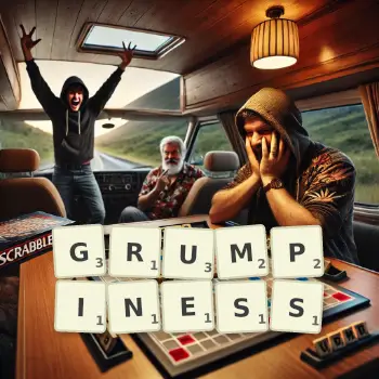 Creative illustration for a Scrabble game with the word GRUMPINESS spelled out in tiles on the board.