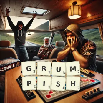 Creative illustration for a Scrabble game with the word GRUMPISH spelled out in tiles on the board.