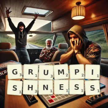 Creative illustration for a Scrabble game with the word GRUMPISHNESS spelled out in tiles on the board.