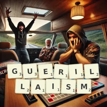 Creative illustration for a Scrabble game with the word GUERILLAISM spelled out in tiles on the board.