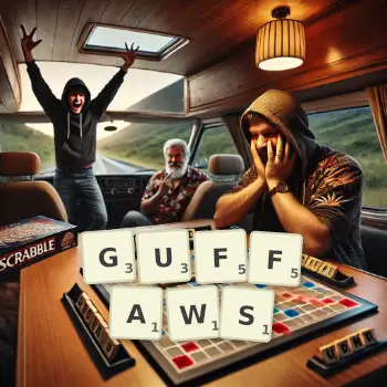 Creative illustration for a Scrabble game with the word GUFFAWS spelled out in tiles on the board.