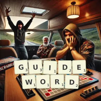 Creative illustration for a Scrabble game with the word GUIDEWORD spelled out in tiles on the board.