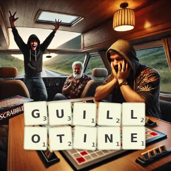 Creative illustration for a Scrabble game with the word GUILLOTINE spelled out in tiles on the board.