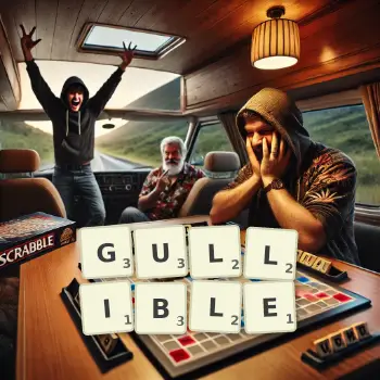 Creative illustration for a Scrabble game with the word GULLIBLE spelled out in tiles on the board.
