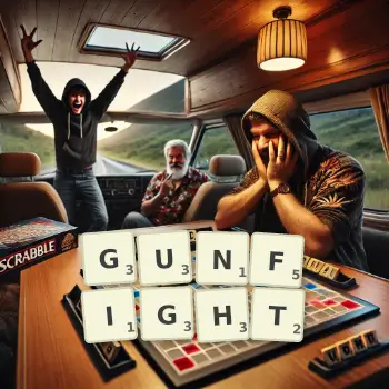 Creative illustration for a Scrabble game with the word GUNFIGHT spelled out in tiles on the board.
