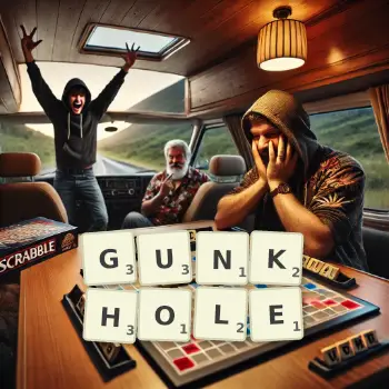 Creative illustration for a Scrabble game with the word GUNKHOLE spelled out in tiles on the board.