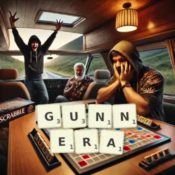 Creative illustration for a Scrabble game with the word GUNNERA spelled out in tiles on the board.