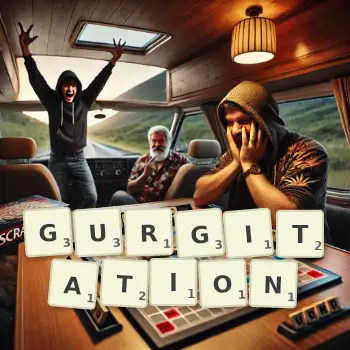 Creative illustration for a Scrabble game with the word GURGITATION spelled out in tiles on the board.