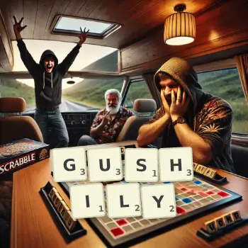 Creative illustration for a Scrabble game with the word GUSHILY spelled out in tiles on the board.