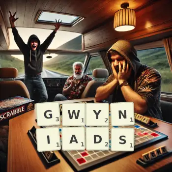 Creative illustration for a Scrabble game with the word GWYNIADS spelled out in tiles on the board.