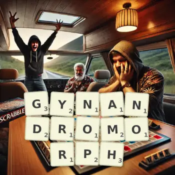 Creative illustration for a Scrabble game with the word GYNANDROMORPH spelled out in tiles on the board.