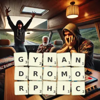Creative illustration for a Scrabble game with the word GYNANDROMORPHIC spelled out in tiles on the board.