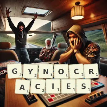 Creative illustration for a Scrabble game with the word GYNOCRACIES spelled out in tiles on the board.
