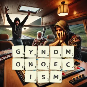 Creative illustration for a Scrabble game with the word GYNOMONOECISM spelled out in tiles on the board.