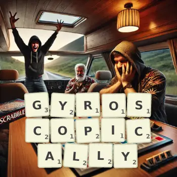 Creative illustration for a Scrabble game with the word GYROSCOPICALLY spelled out in tiles on the board.