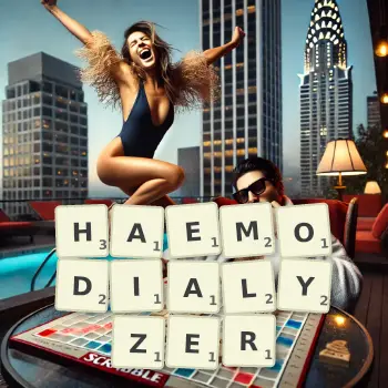 Creative illustration for a Scrabble game with the word HAEMODIALYZER spelled out in tiles on the board.