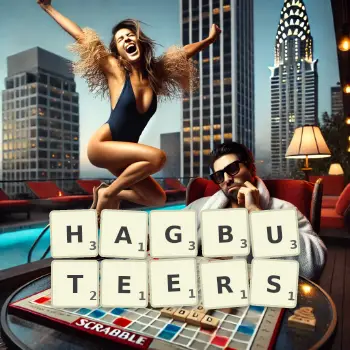 Creative illustration for a Scrabble game with the word HAGBUTEERS spelled out in tiles on the board.