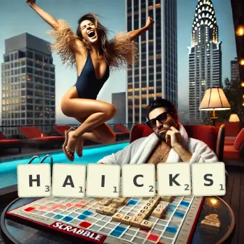 Creative illustration for a Scrabble game with the word HAICKS spelled out in tiles on the board.