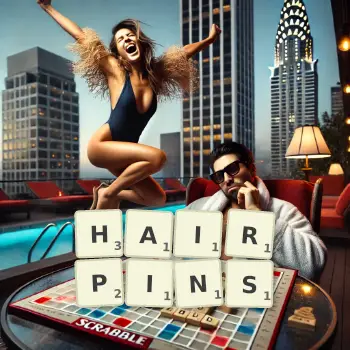 Creative illustration for a Scrabble game with the word HAIRPINS spelled out in tiles on the board.
