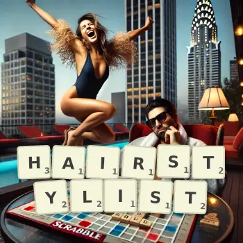 Creative illustration for a Scrabble game with the word HAIRSTYLIST spelled out in tiles on the board.