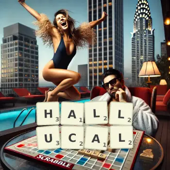 Creative illustration for a Scrabble game with the word HALLUCAL spelled out in tiles on the board.
