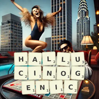 Creative illustration for a Scrabble game with the word HALLUCINOGENIC spelled out in tiles on the board.
