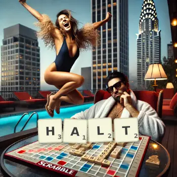 Creative illustration for a Scrabble game with the word HALT spelled out in tiles on the board.