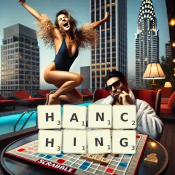 Creative illustration for a Scrabble game with the word HANCHING spelled out in tiles on the board.