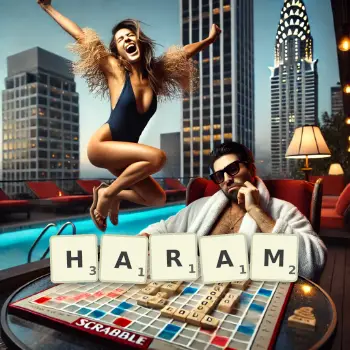 Creative illustration for a Scrabble game with the word HARAM spelled out in tiles on the board.