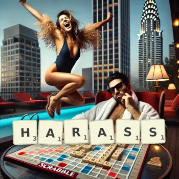 Creative illustration for a Scrabble game with the word HARASS spelled out in tiles on the board.