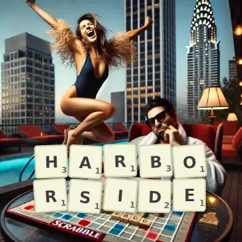 Creative illustration for a Scrabble game with the word HARBORSIDE spelled out in tiles on the board.