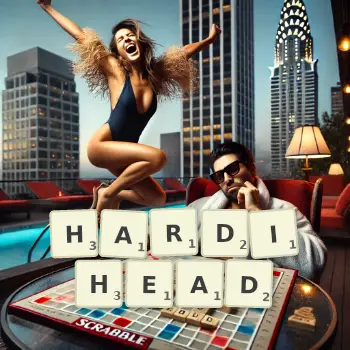 Creative illustration for a Scrabble game with the word HARDIHEAD spelled out in tiles on the board.