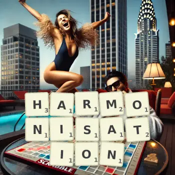 Creative illustration for a Scrabble game with the word HARMONISATION spelled out in tiles on the board.