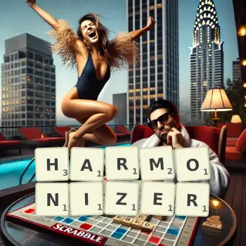 Creative illustration for a Scrabble game with the word HARMONIZER spelled out in tiles on the board.