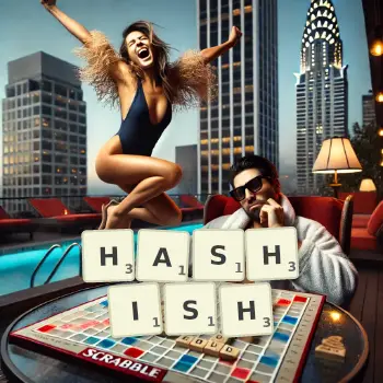 Creative illustration for a Scrabble game with the word HASHISH spelled out in tiles on the board.