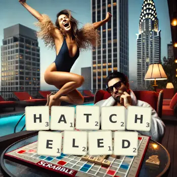 Creative illustration for a Scrabble game with the word HATCHELED spelled out in tiles on the board.