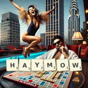 Creative illustration for a Scrabble game with the word HAYMOW spelled out in tiles on the board.
