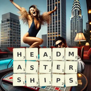Creative illustration for a Scrabble game with the word HEADMASTERSHIPS spelled out in tiles on the board.
