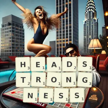 Creative illustration for a Scrabble game with the word HEADSTRONGNESS spelled out in tiles on the board.