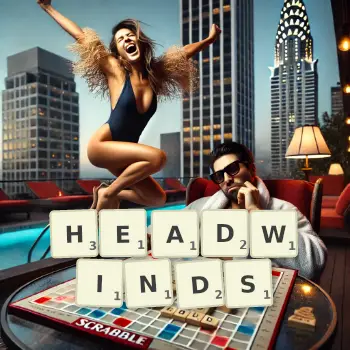 Creative illustration for a Scrabble game with the word HEADWINDS spelled out in tiles on the board.