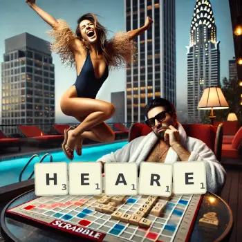 Creative illustration for a Scrabble game with the word HEARE spelled out in tiles on the board.