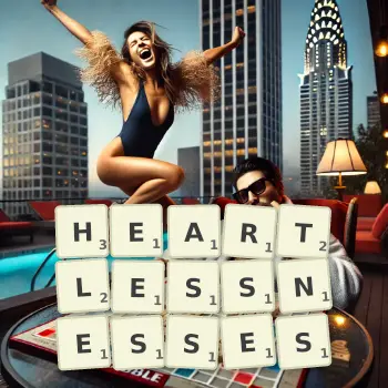 Creative illustration for a Scrabble game with the word HEARTLESSNESSES spelled out in tiles on the board.
