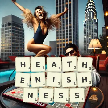 Creative illustration for a Scrabble game with the word HEATHENISHNESS spelled out in tiles on the board.