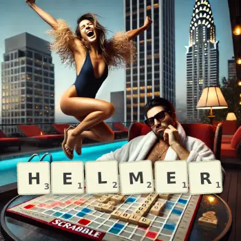 Creative illustration for a Scrabble game with the word HELMER spelled out in tiles on the board.
