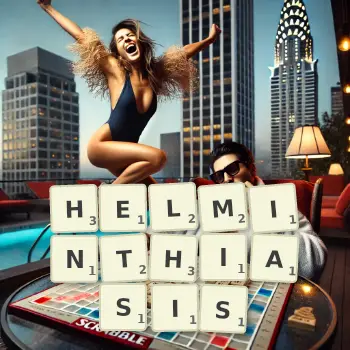 Creative illustration for a Scrabble game with the word HELMINTHIASIS spelled out in tiles on the board.
