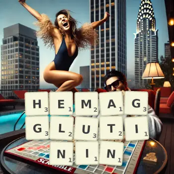 Creative illustration for a Scrabble game with the word HEMAGGLUTININ spelled out in tiles on the board.